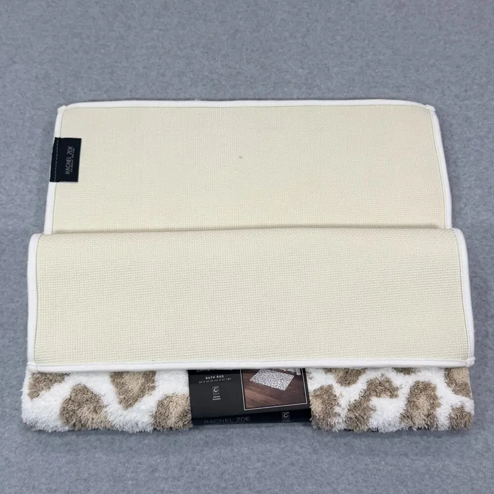 Rachel Zoe Leopard Animal Print Bath Rug Beige Tan White Plush Mat 20x32 NWT